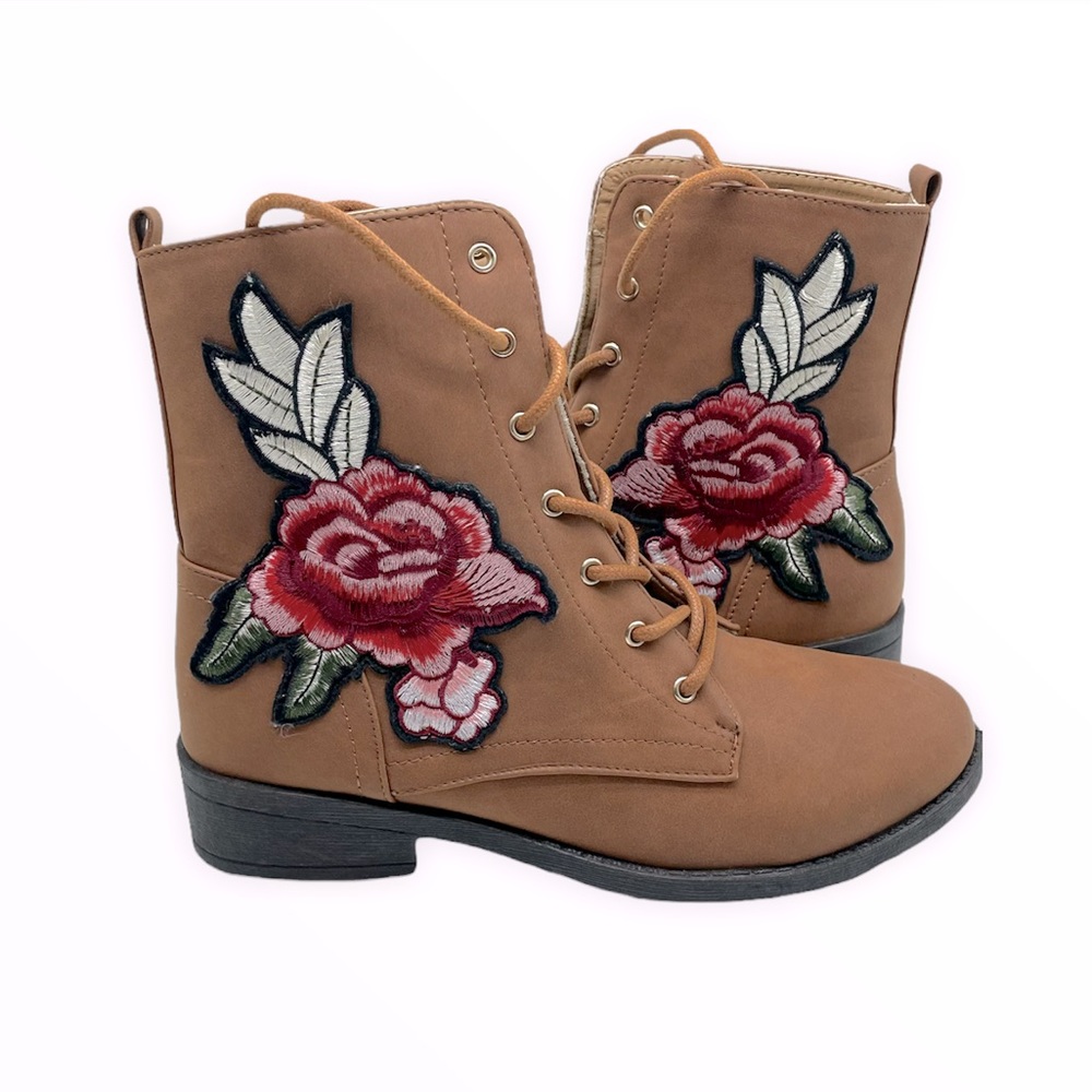 Faux leather floral Brown work boot